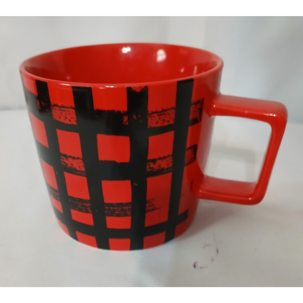 Starbucks 2016 Buffalo Plaid Mug Red Black Check Square Handle Holiday 14oz Rare